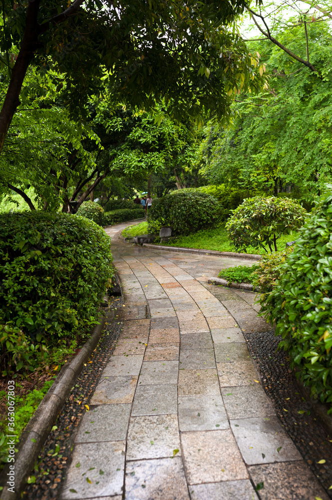 Winding stone path through lush green park in Guilin, China. 