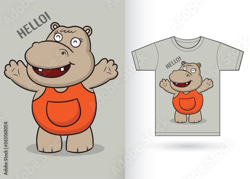 Cute cartoon hippo for t shirt
