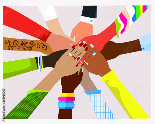 Hands of diverse group of women putting together. Concept of sisterhood, girl power, feminist community or movement, friendship, support and cooperation. Flat cartoon colorful vector illustration