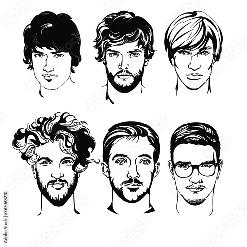 Set of drawing men with different hairstyle vector illustration on white background. Guy with glasses, beard, mustache. People silhouette