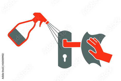 Clean and Disinfect door handles regularly.
Disinfecting doorknob frequently.
Sanitizing door handle sign.