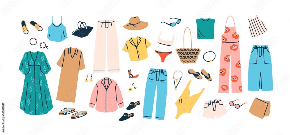 Vecteur Stock Set of summer fashion clothes vector flat illustration.  Collection of trendy clothing for vacation or beach isolated on white.  Colored stylish shoes, dress, trousers, shirt, swimsuit and accessories