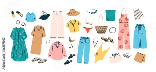 Set of summer fashion clothes vector flat illustration. Collection of trendy clothing for vacation or beach isolated on white. Colored stylish shoes, dress, trousers, shirt, swimsuit and accessories