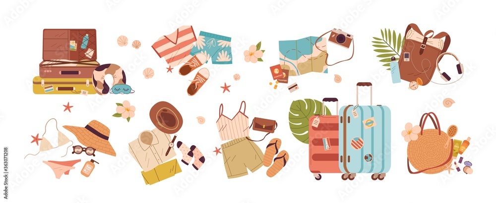 Set of travel stuff vector illustration. Collection of items for ...