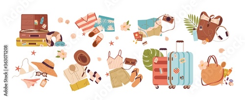 Set of travel stuff vector illustration. Collection of items for vacation or journey decorated by tropical leaves, shells and flowers isolated. Clothes, accessories, shoes and suitcase for tourism