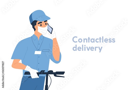 Male courier in safety mask and gloves on kick scooter talk use smartphone ve...