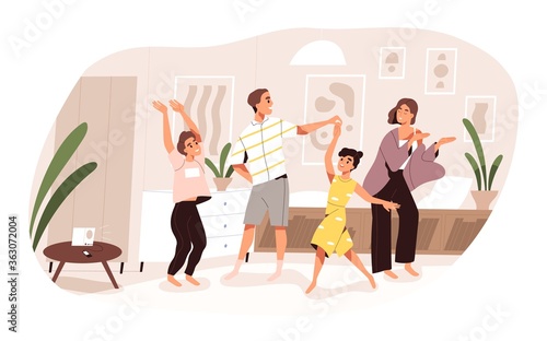 Smiling family dancing having fun at home vector flat illustration. Joyful parents and kids clapping hands and demonstrate dance movements isolated. Happy active people spending time together