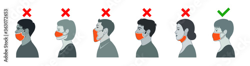 Common mistakes when wearing masks.
How to wear face mask correctly.
The wright and wrong way to wear a mask.
Avoid mistakes when wearing face masks.