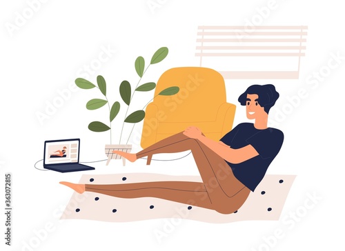 Man training at home watching online classes vector flat illustration. Male doing fitness exercise looking video course on laptop isolated on white. Guy practicing sport enjoying healthy lifestyle