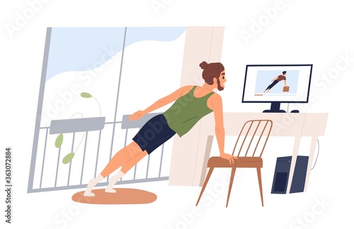 Active male doing sport exercise watch online classes on computer vector flat illustration. Man practicing workout at home isolated on white. Guy training on internet fitness course look at screen