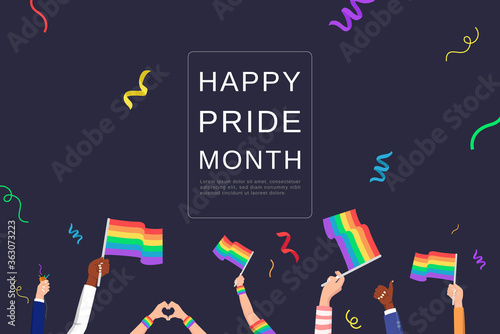 LGBTQ background with people hands waving rainbow flags celebrating pride month