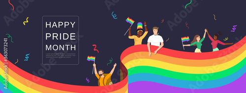 LGBTQ people celebrating happy pride month with colorful rainbow flags on banner background photo