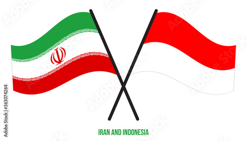 Iran and Indonesia Flags Crossed And Waving Flat Style. Official Proportion. Correct Colors.