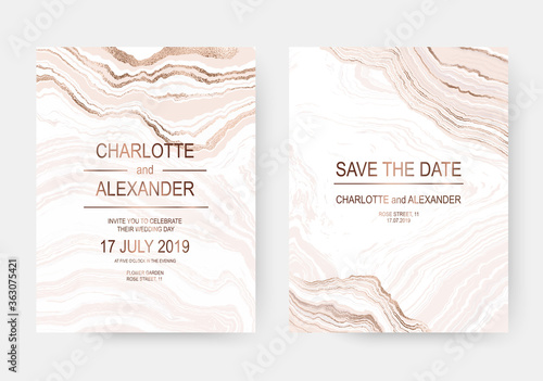 Luxury agate stone wedding celebration design cards with rose gold stripes.