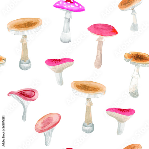 Mushrooms. Hand drawn watercolor painting on white background. Vector pattern