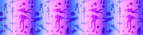 Silhouettes of diver. Seamless background with diver icons. The concept of sport diving.