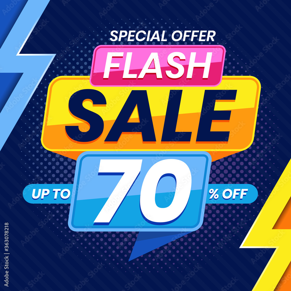 Vector graphic of Modern Colorful Flash Sale 70 Percent Advertising Banner Background. Perfect for Retail, Brochure, Banner, Business, Selling, etc