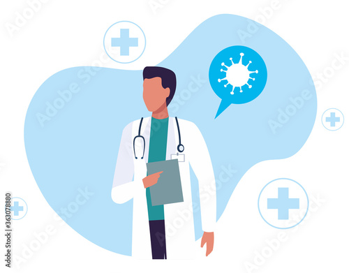male doctor professional with covid19 particle