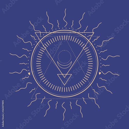 Mystical geometry symbol. Linear alchemy, occult, philosophical sign. For music album cover, poster, sacramental design. Astrology and religion concept.