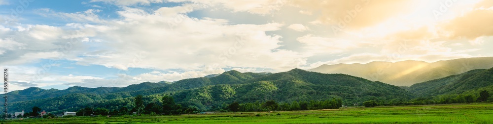 Naklejka premium The beautiful panorama landscape of the green tree in the mountain, The sun's rays through at the top of the hill and the rain, Phayao Northern Thailand.