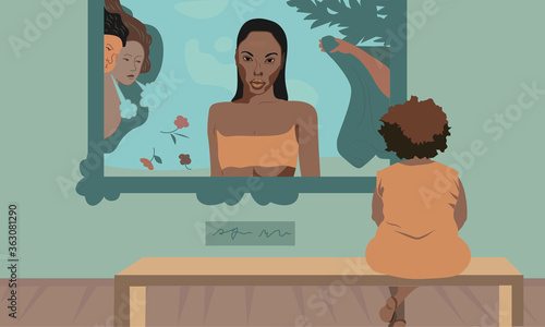 Unrealistic beauty standarts concept illustration. Black woman looks at the painting of Venus in art museum. Minimalist realistic style with flat shadows and monochrome colours.