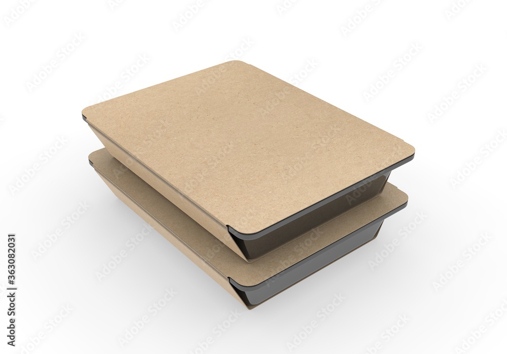 Food tray with blank paper label, 3d render illustration. Food tray with blank paper label, 3d render illustration.
