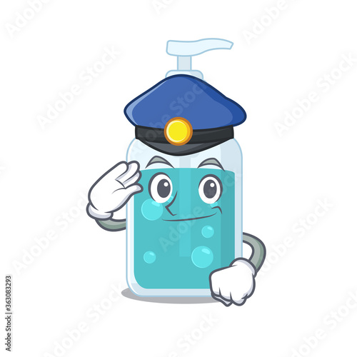 Police officer cartoon drawing of hand sanitizer wearing a blue hat
