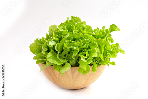 Green oak lettuce organic vegetable in wooden bowl on white background