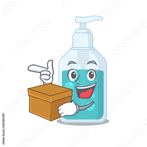 A cheerful hand sanitizer cartoon design concept having a box