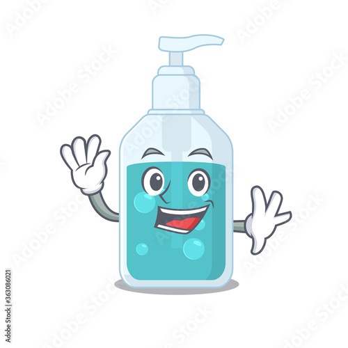 A charming hand sanitizer mascot design style smiling and waving hand