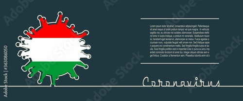 Abstract virus silhouette and Coronavirus text in thin line style. Coronavirus virus danger relative illustration. Medical research theme. Virus epidemic alert. Flag of the Hungary