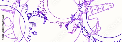 Circle with sea shipping and travel relative silhouettes. Objects located around the circle. Industrial design background.