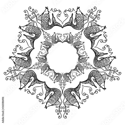Arabesque for design template. Mandala. Luxurious oriental ornament with a picture of fish.