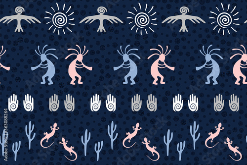 Traditional, design with lizard, Kokopelli fertility deity, sun, eagle, cacti.