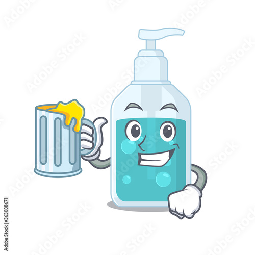 A cartoon concept of hand sanitizer with a glass of beer
