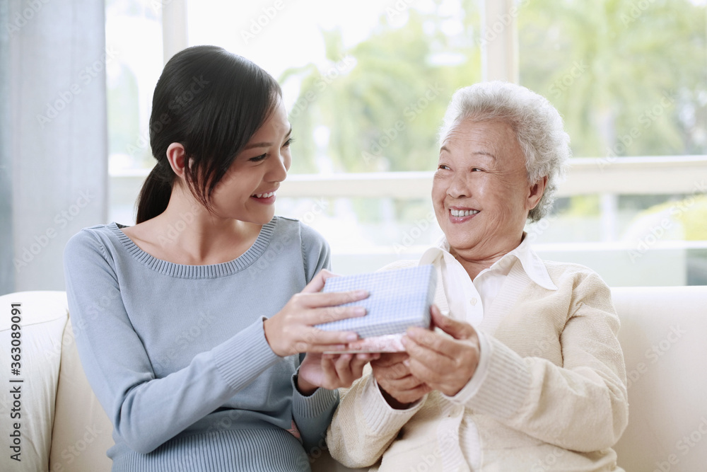 Woman giving senior woman a box of gift Woman giving senior woman a box of gift