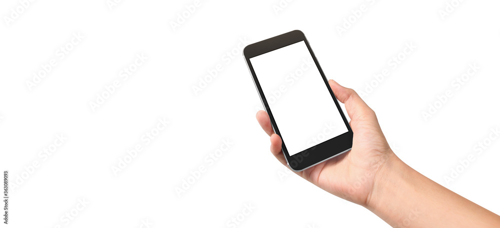 Hand holding smartphone device touching screen Hand holding smartphone device touching screen