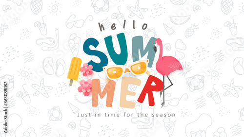 Summer colorful text banner design with beach accessories on white background.Hand drawn elements set for summer holiday.