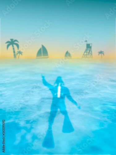 Scuba diver silhouette swimming to tropical island under water in the ocean near the surface. Top vew