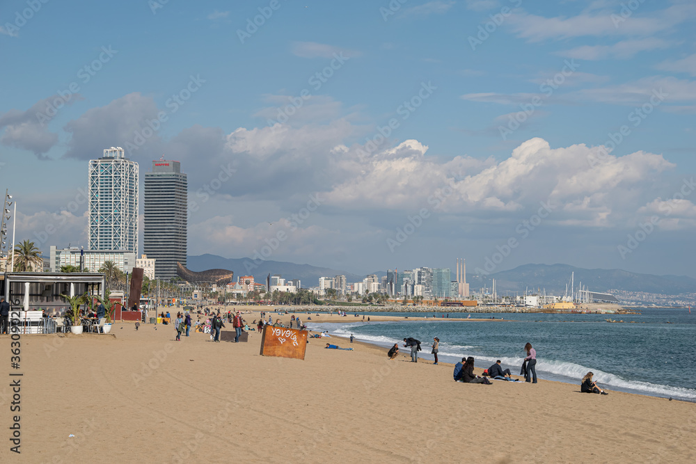 Barceloneta beach scene in a summer day, Barcelona, Spain, 2018