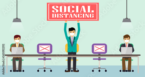 Businessman office people maintain social distancing. New normal at job working. covid-19 sign vector