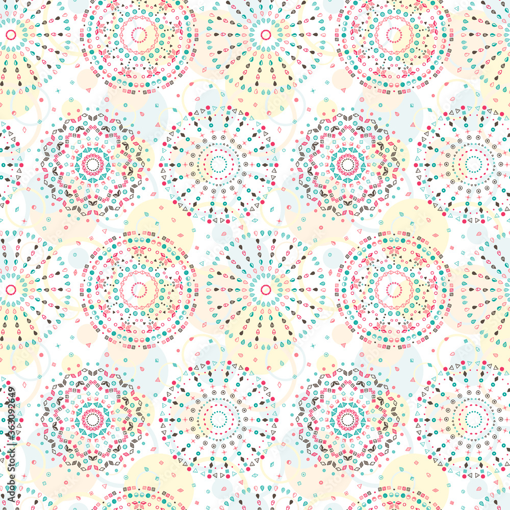 Ethnic Mandalas Seamless pattern. Tribal background with geometric ornament. Hand Drawn doodle Circles of simple geometric shapes. Vector illustration