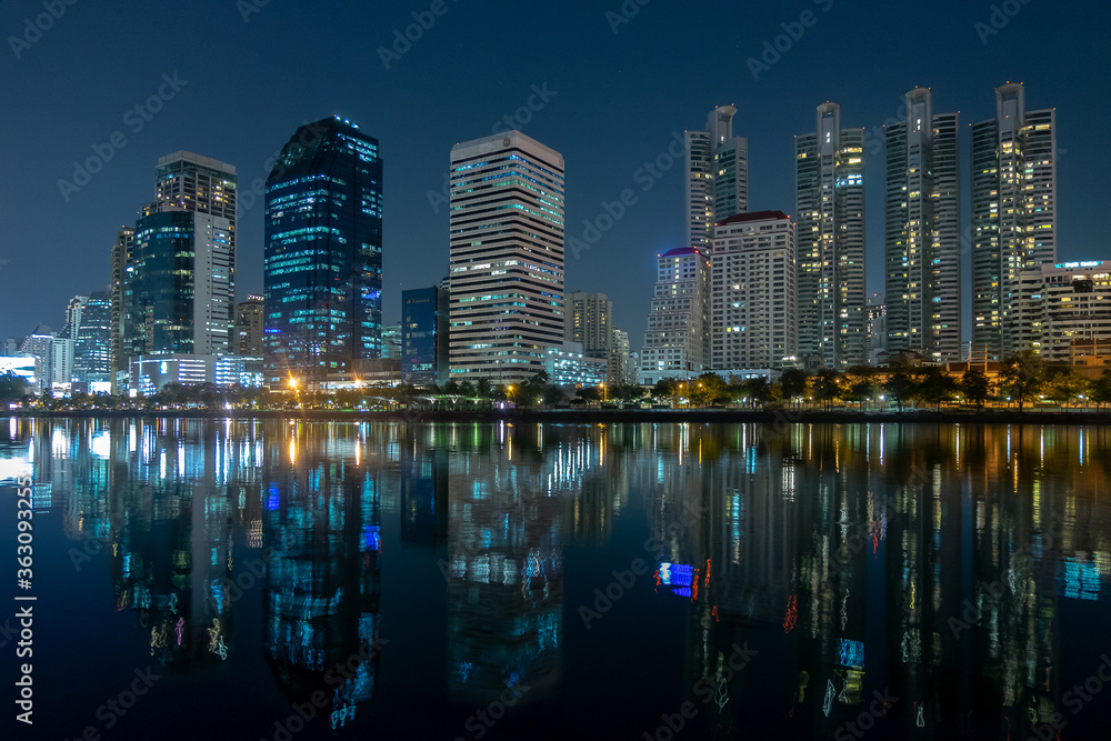 6 / 12 /2018 Bangkok Thailand :night and light and reflextion skyscrapers