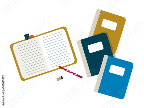 Foto Image of an open notebook with a pencil, an eraser and a stack of other notebooks on a white background, isolated image