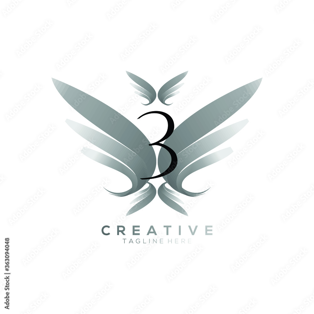Fototapeta premium Number 3 Luxury Black Thin Wing Logo Template
