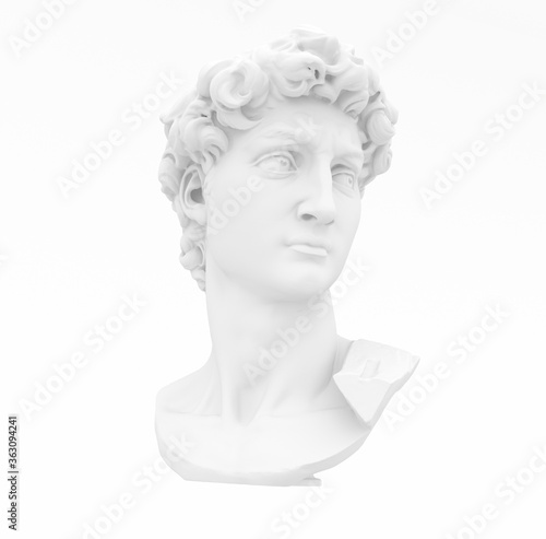 Monochrome 3D rendering of classical sculpture isolated on white background. Marble or plaster bust. 