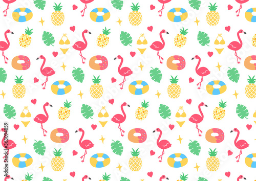 Wallpaper Mural 夏　フラミンゴ　トロピカル　手書き　シームレス　パターン　summer　flamingo  doodles seamless pattern Torontodigital.ca