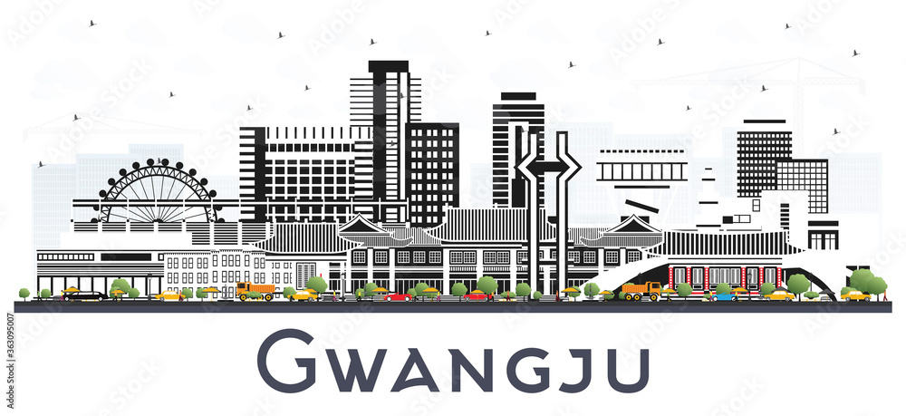 Fototapeta premium Gwangju South Korea City Skyline with Color Buildings Isolated on White.