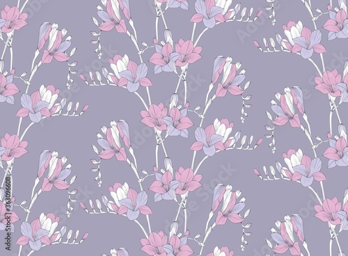 Seamless vector flower Wallpaper. Pink freesia flowers on a grey background.