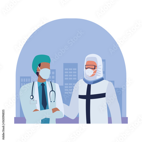 group of doctors wearing medical masks characters